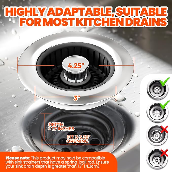 3 in 1 Kitchen Sink Drain Strainer Stopper Basket Pop Up Black - Image 6