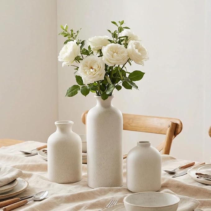 Small White Ceramic Vase Set of 3, Modern Boho Farmhouse Flowers Vases | - Image 6