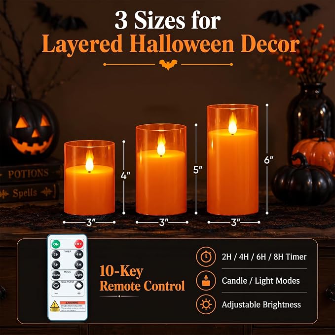 Homemory Halloween Orange Flameless Candles, Remote Timer, 3 Pack | Flameless - Image 8