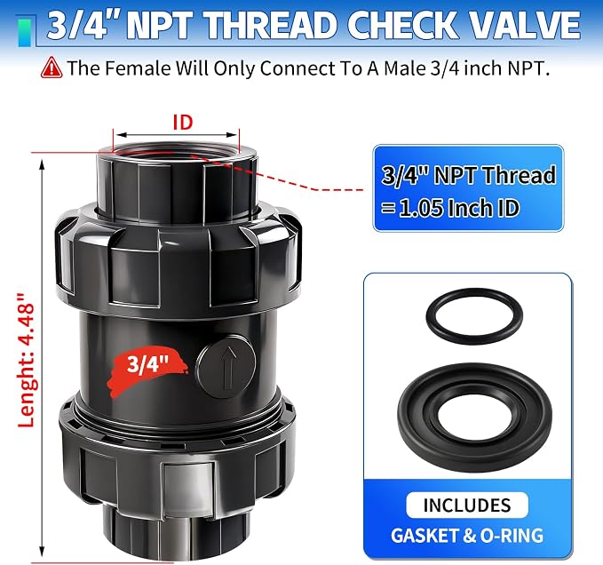3/4 inch NPT PVC Check Valve, SCH80 Full Port Water Pump Ball Check Valve | - Image 7