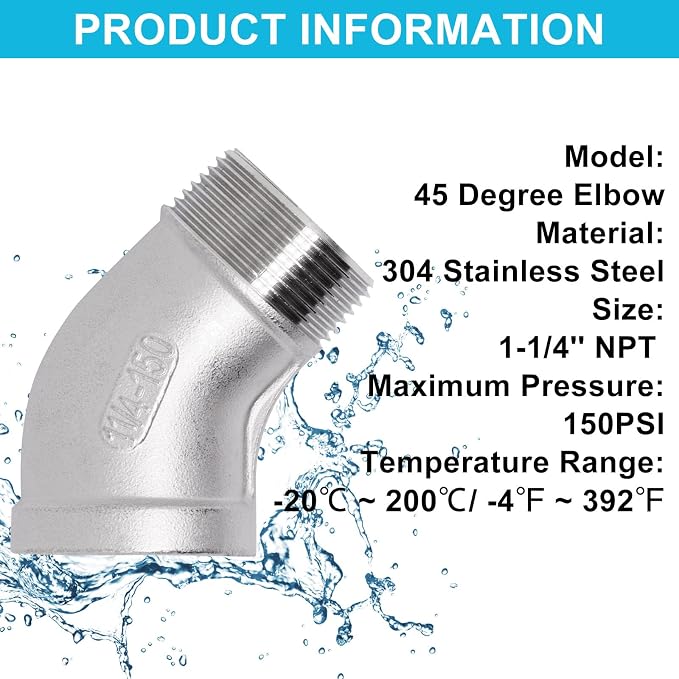 1PCS 45 Degree Elbow Fittings, 1-1/4" NPT Male to 1-1/4" NPT Female 304 - Image 3