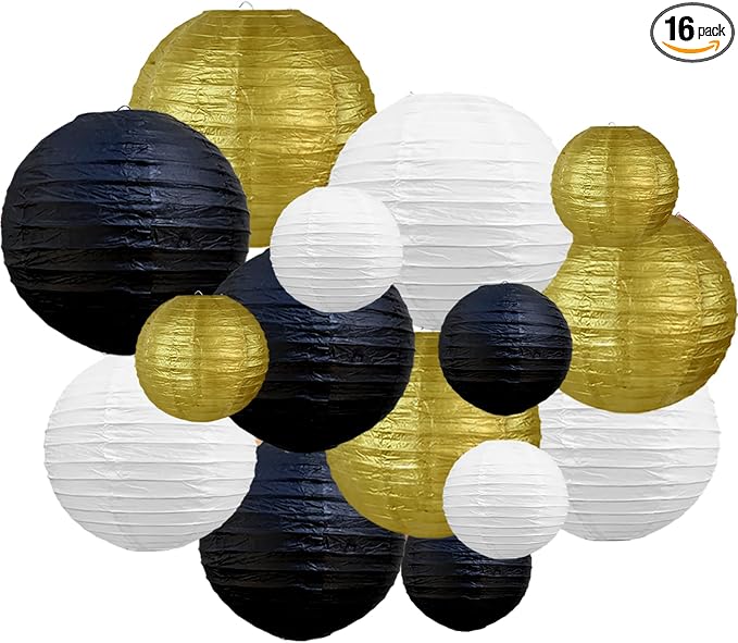 BEISHIDA Black Gold Paper Lanterns 16Pcs 6/8/10 Inch Round Chinese Lamp | Paper by Beishida
