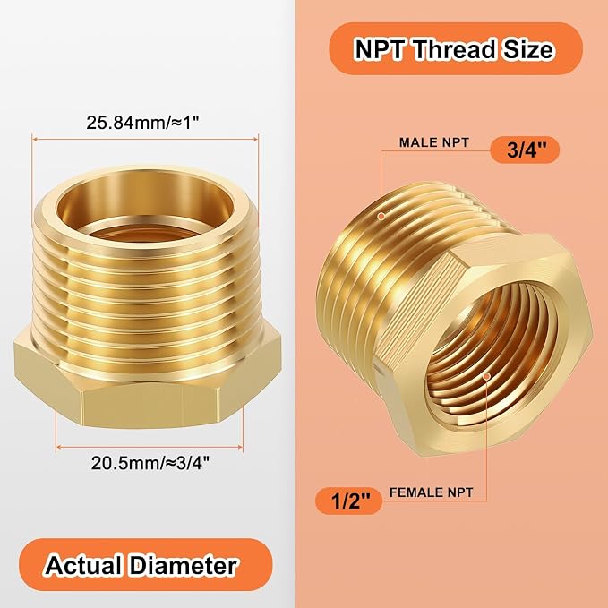 4 Pack Male to FeMale Adapter, 3/4" NTP Male x 1/2" NTP Female Brass Hex - Image 2