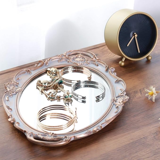 Polyresin Ellipse Antique Decorative Mirror Tray, Makeup Organizer, Jewelry - Image 6