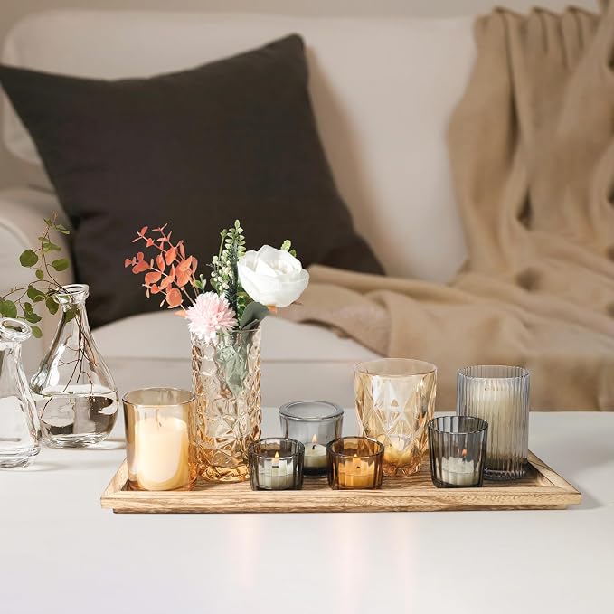 Rustic Wooden Tray with 8 Brown Glass Votive Candle Holders | Decorative Tea - Image 4