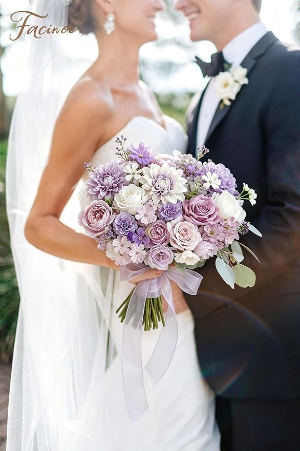 FACINOC Roses Artificial Flowers Purple Mix Silk Flower Dahlia Bulk Box Set | - Image 3