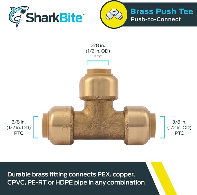 SharkBite 3/8 Inch Tee, Push to Connect Brass Plumbing Fitting, PEX Pipe - Image 2