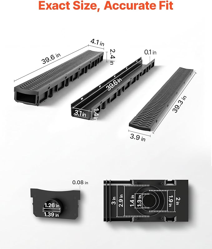 VEVOR Trench Drain, 39.6 x 4.1 x 2.4 in, 5 Pack Linear Drainage Channel - Image 2