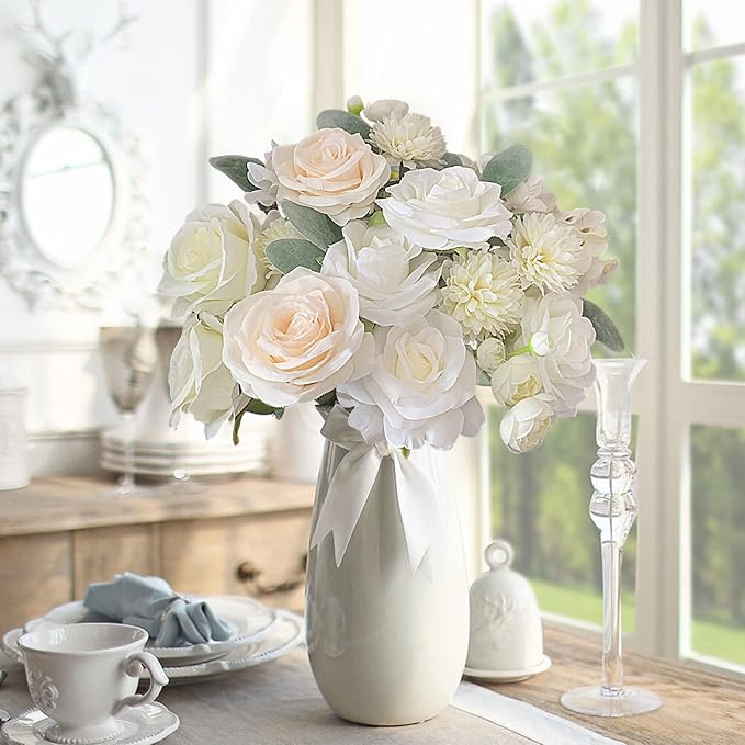 FACINOC Roses Artificial Flowers White Bouquet Fake Flower - Image 7