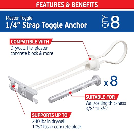 1/4" Heavy Duty Toggle-Bolt Strap Drywall Anchors w/ 8 Steel Threaded Studs - Image 2