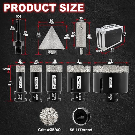 DT-DIATOOL Diamond Tile Hole Saw 8pcs/Set 19/25/35/51/76mm - Image 2
