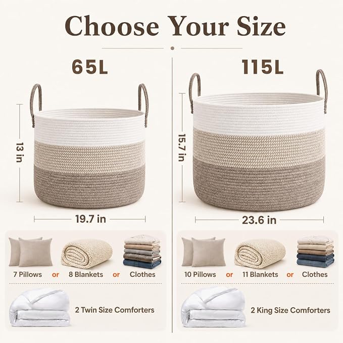 JMvicyroam 65L Extra Large Machine Washable Cotton Rope Blanket Basket | - Image 4