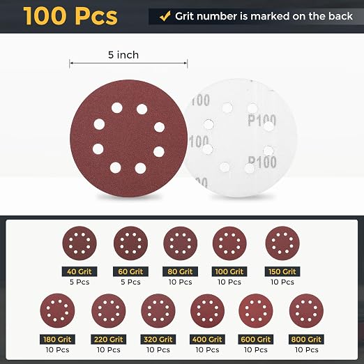 HARFINGTON 100Pcs 5Inch Sanding Disc 8 Hole Hook and Loop Sandpaper Red | - Image 2