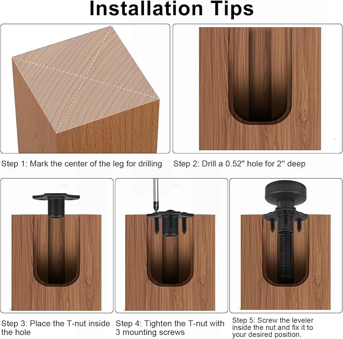 Heavy Duty Furniture Levelers 3/8''-16 Thread w/ T-Nut Kit Furniture Leveling - Image 5