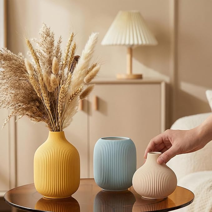 Colorful Small Ceramic Vases Set of 3, Matte Vertical Ribbed, Minimalist - Image 2