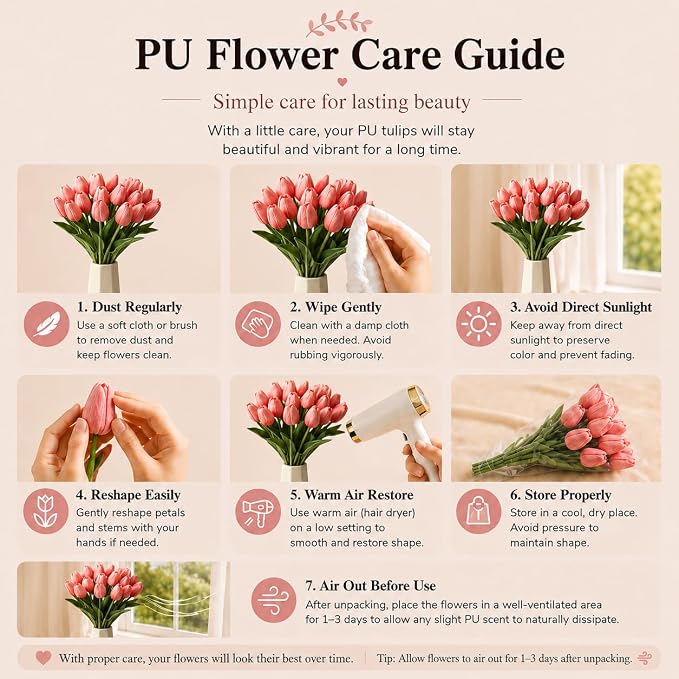 Mandy's 20pcs Artificial Coral Pink Tulips | 13.5 Inch Lifelike PU Tulips Faux - Image 6