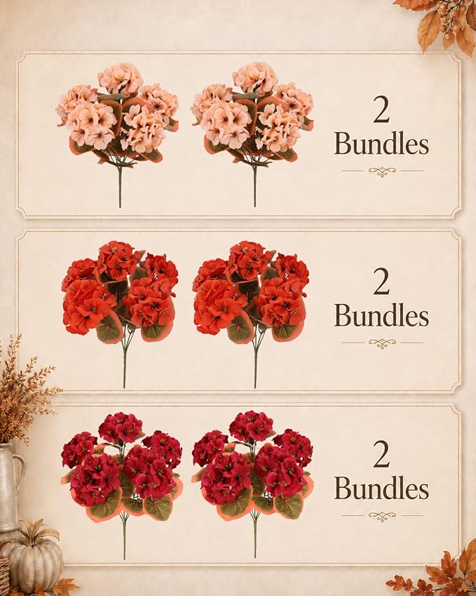 Artificial Fall Flowers for Outdoors, 6 Bundles Faux Geraniums | UV-Resistant - Image 8