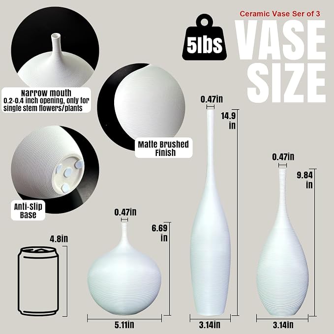 White Ceramic Vase Set of 3, Modern Boho Vases - Image 2