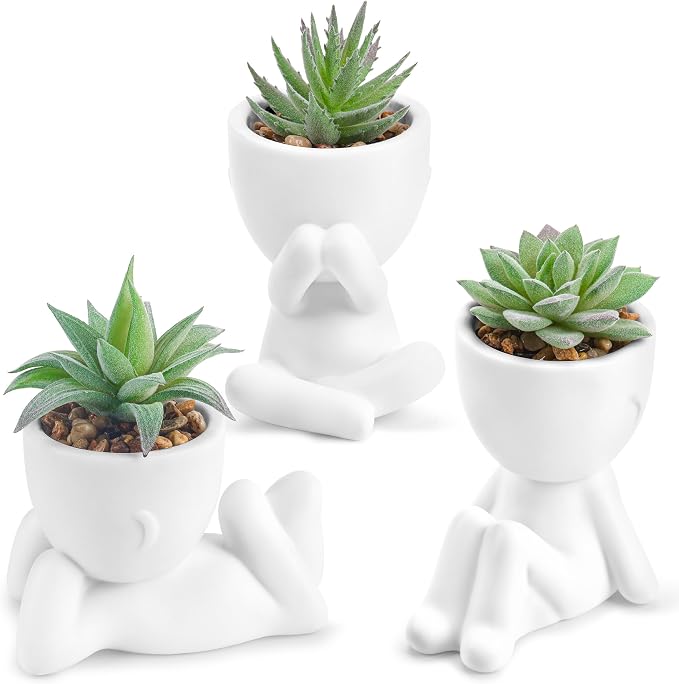Der Rose 3 Pack Fake Succulents in White Human-Shaped Pots by DerRose