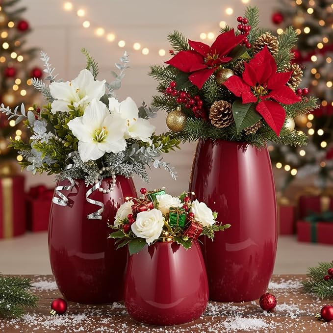 hjn Ceramic Vase Set of 3 Red Flower Vase - Image 9
