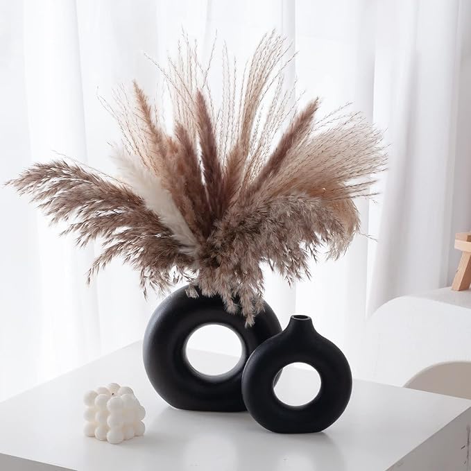 Black Ceramic Donut Vase Set of 2, Hollow Round Matte Pampas Flower Vases - Image 5