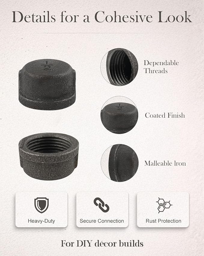20 Pack 1/2" Malleable Cast Iron Pipe Cap, fits threaded black pipes, - Image 5