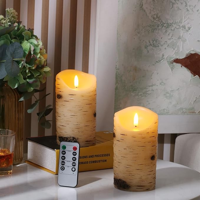 Flameless Candles LED Candles Birch Bark Effect Set of 2 Ivory Real Wax Pillar - Image 4