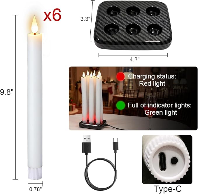 GenSwin Rechargeable Flameless Taper Candles Charging Base & 2 Remote White | - Image 7