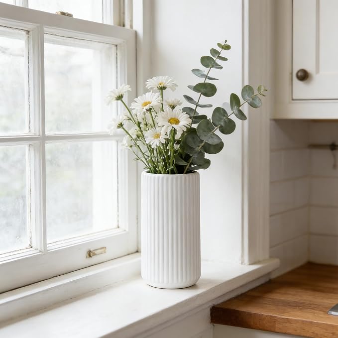 White Ceramic Flower Vase for Pampas Grass, 8 inch Small Decorative Centerpiece - Image 2
