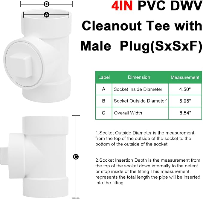 4IN PVC DWV Cleanout Tee with Plug Pipe Fitting SCH40 4IN DWV PVC Sewer - Image 2