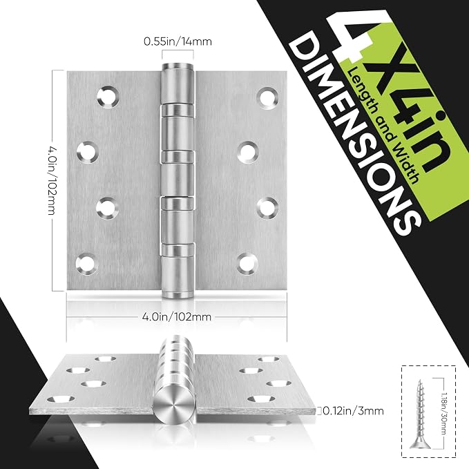 6 Pack Ball Bearing Door Hinges, 4in x 4in Door Hinges, Heavy Duty Stainless - Image 4