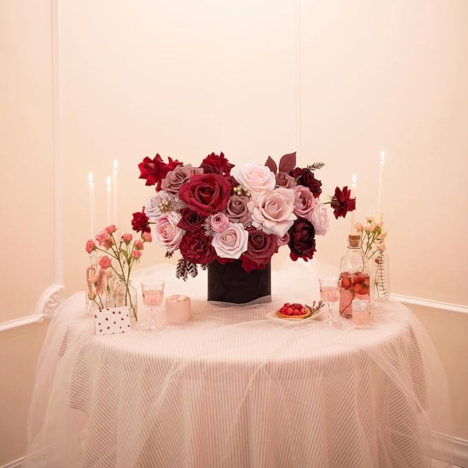 FACINOC Roses Artificial Flowers Burgundy Red Bouquet Fake Flower Bulk | DIY - Image 6
