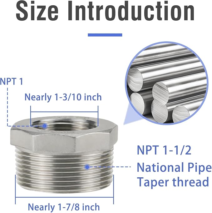 stainless steel hex bushing npt 1-1/2 to npt 1 threaded reducer | Reducing - Image 2