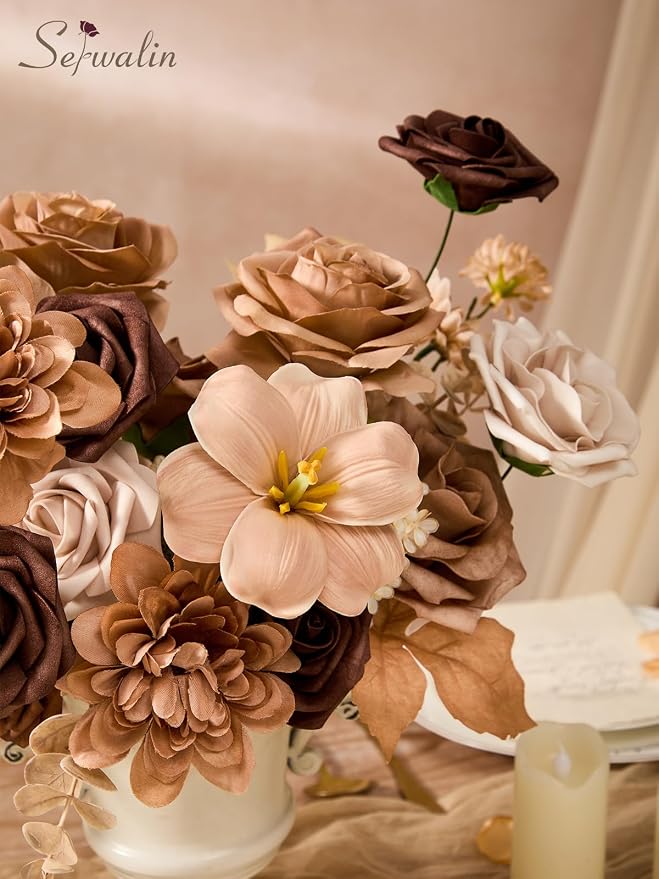 Serwalin Brown & Apricot Artificial Flowers, Silk Fall Flowers - Image 4