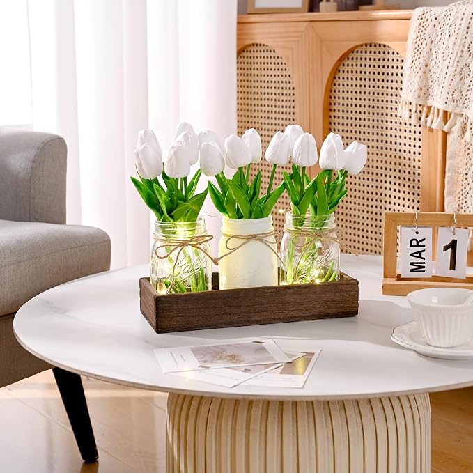 BLEUM CADE 3Pcs Mason Jar with Artificial Tulip Flowers Wood Tray and Light | - Image 4