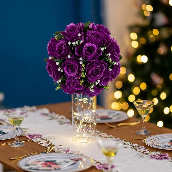 BLOSMON Flower Balls Wedding Rose Centerpieces 10 Pcs Purple Fake Flowers - Image 2