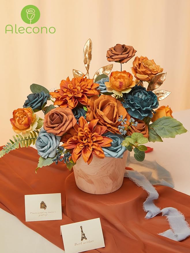 Alecono Orange and Teal Artificial Flowers, Silk Fake Floral Set | - Image 2