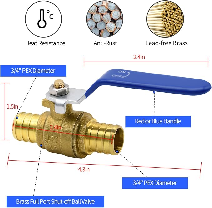 10pcs 3/4" PEX Brass Full Port Shut Off Ball Valve, HOT COLD | - Image 2