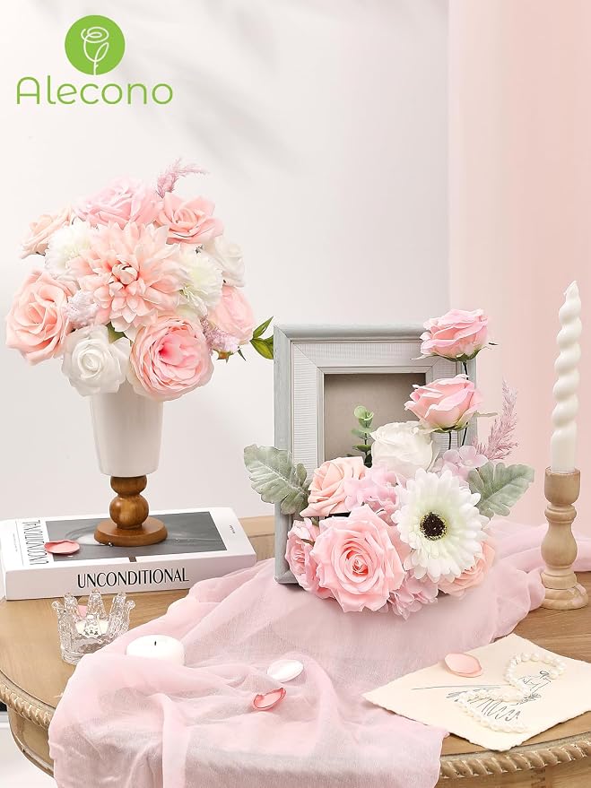 Alecono Light Pink Artificial Flowers, Silk Fake Roses Floral Set | - Image 4