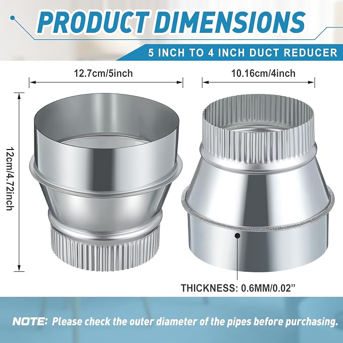 1 Pcs 5 Inch to 4 Inch Duct Reducer Increaser | Galvanized Steel Air Duct - Image 2