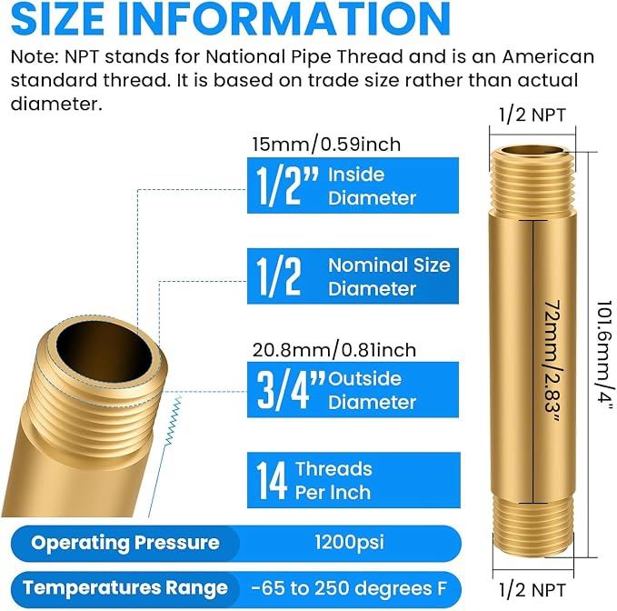 SDTC Tech Brass Pipe Fitting Long Nipple 1/2 NPT Male x 1/2 NPT Male Thread | - Image 2
