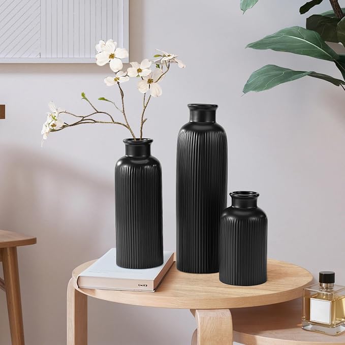 Small Black Ceramic Vase Set of 3, Boho Modern Black Flower Vase Room Decor - Image 6