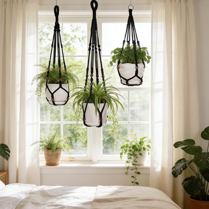 YIBOT Black Macrame Plant Hanger Indoor Hanging Planter Basket | Hanging Plant - Image 2