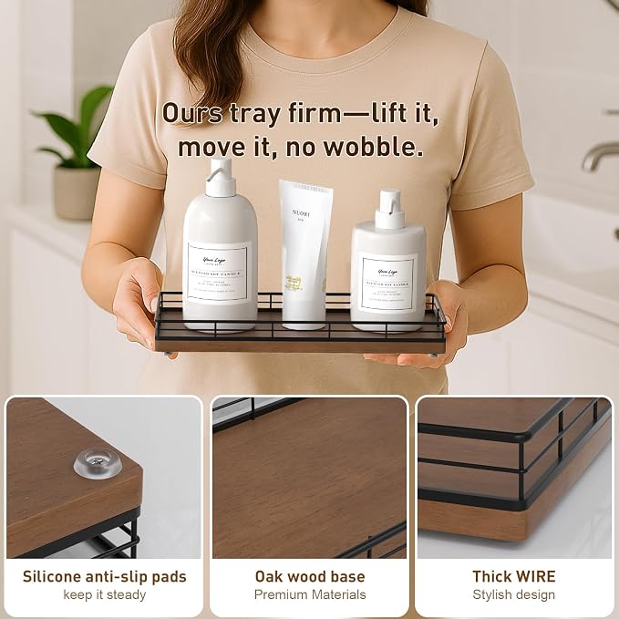 Bathroom Tray for Counter Top Organizer, Oak Wood Vanity Tray | Metal Frame for - Image 5