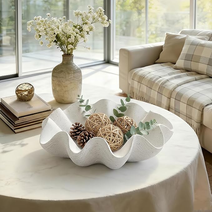 Scalloped Decorative Bowl Home Decor, 12.6" Shell Ruffle Fruit Bowl | Modern - Image 4