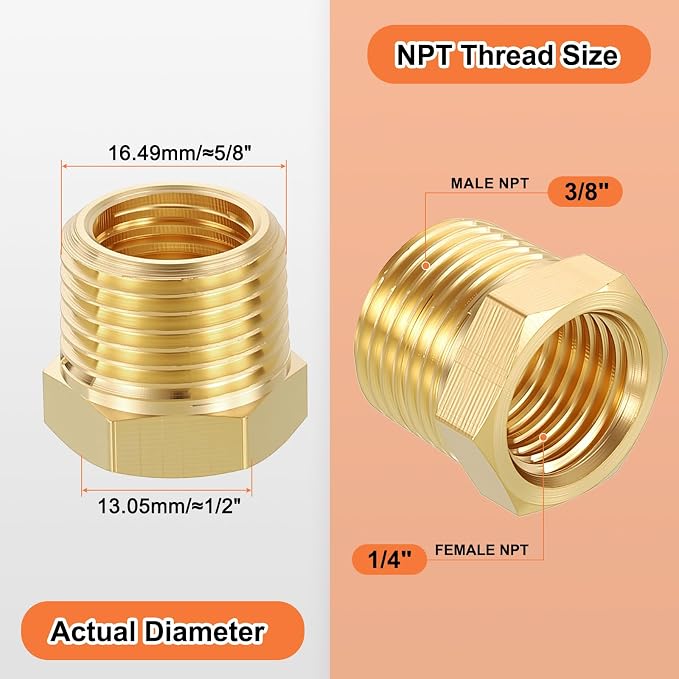 6 Pack Male to FeMale Adapters, 3/8" Male NPT x 1/4" FeMale NPT Brass Hex - Image 2