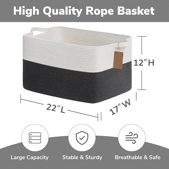 Goodpick 75L Extra Large Woven Rope Blanket Basket, Dark Gray | 22" × 17" × 12" - Image 3
