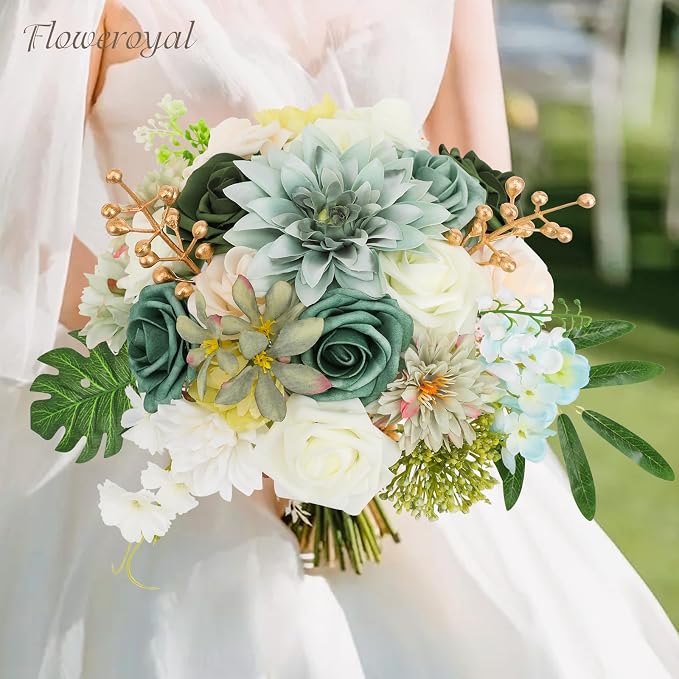 Artificial Flowers Combo Green Flowers Mix Silk Flowers Dahlia Roses - Image 7