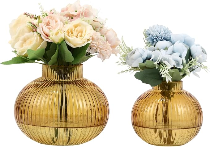 Amber Glass Vases for Tulips, Flower Vases for Bouquet, Ribbed Glass Vase for by YANWE