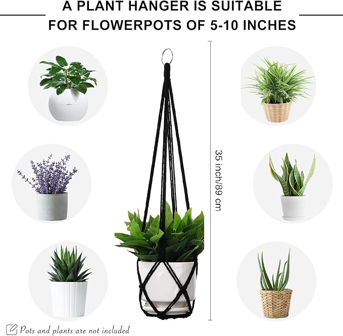 YIBOT Macrame Plant Hanger Indoor 35 Inch Hanging Planter Basket Black 2Pc | - Image 2